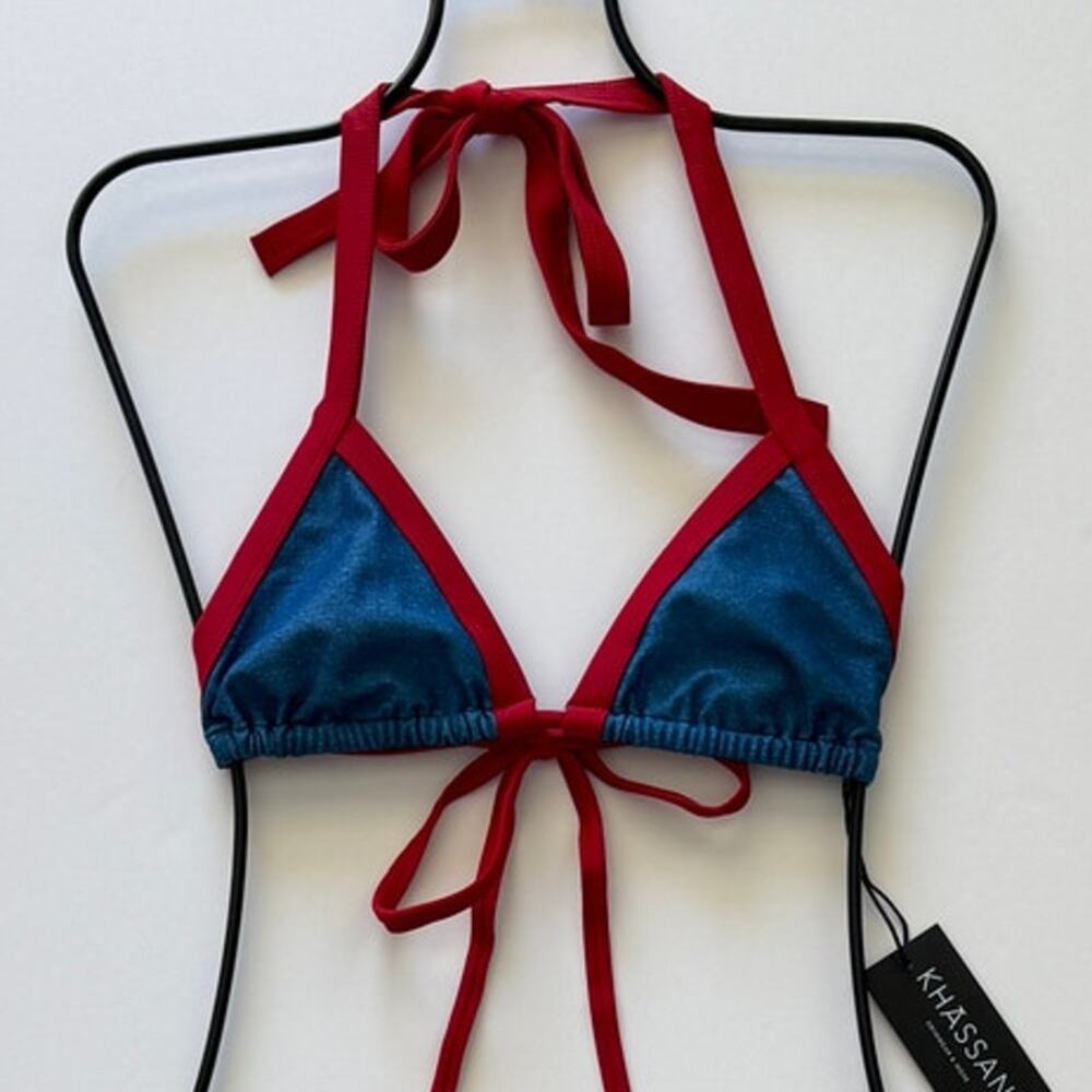 Khassani Swim Tiny Triangle Bikini Top - Jeans / Rouge - L - NWT